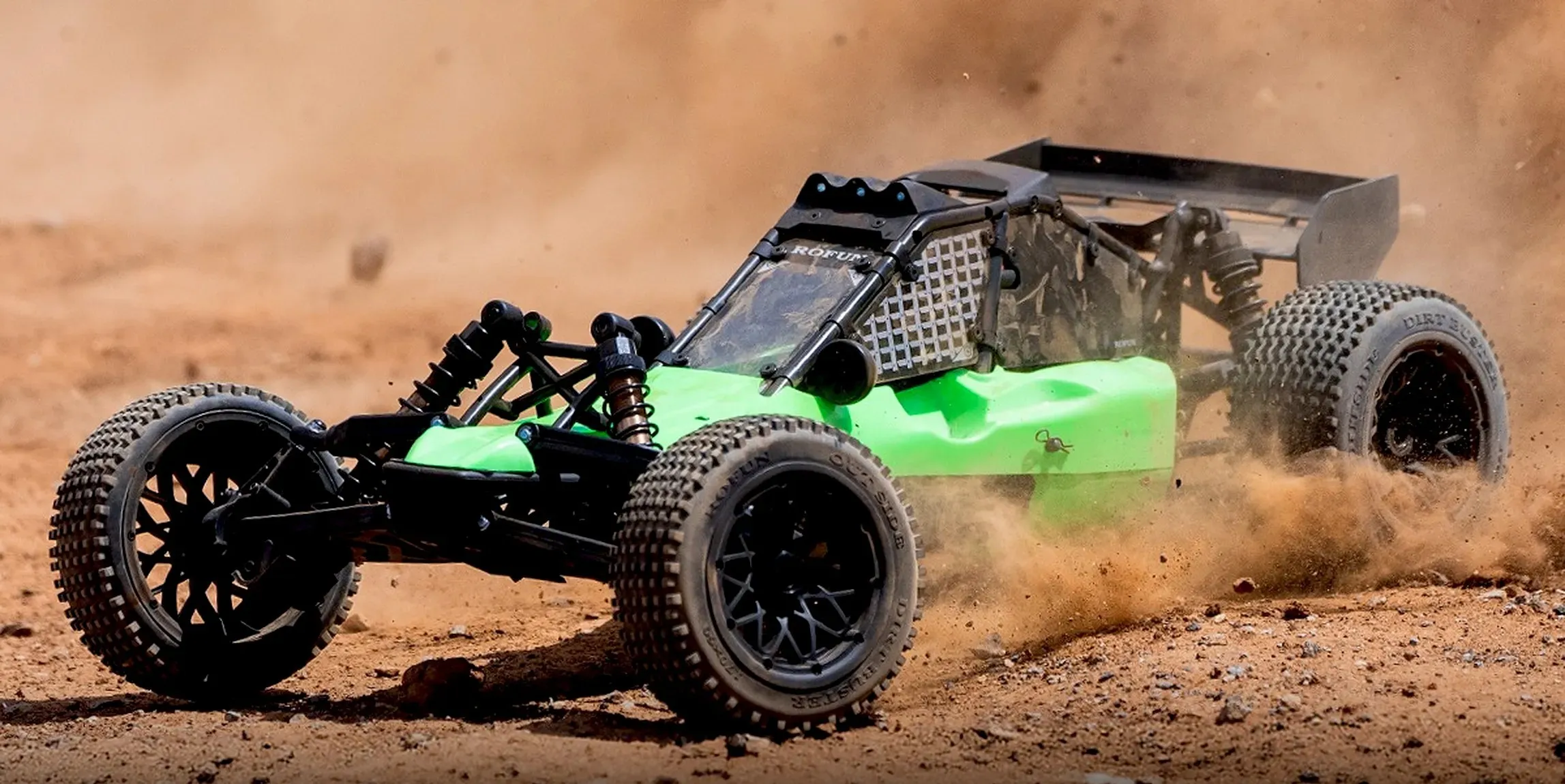 A radio-controlled buggy mid-air