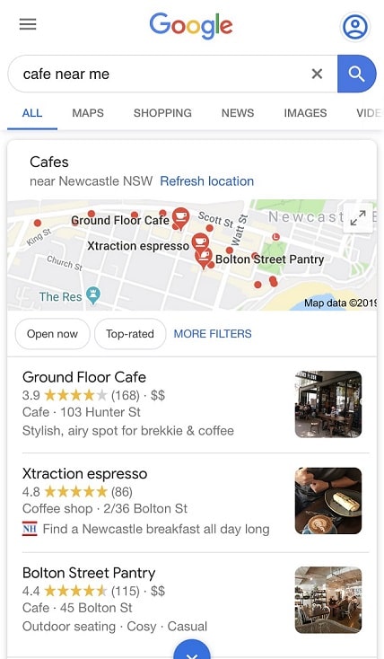 Mobile search showing "cafe near me" results