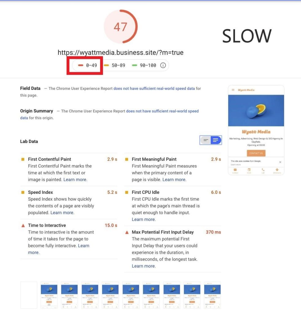 Google Business website builder failing a Lighthouse mobile audit
