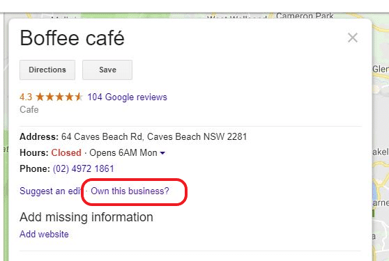 An unclaimed Google Business Profile listing